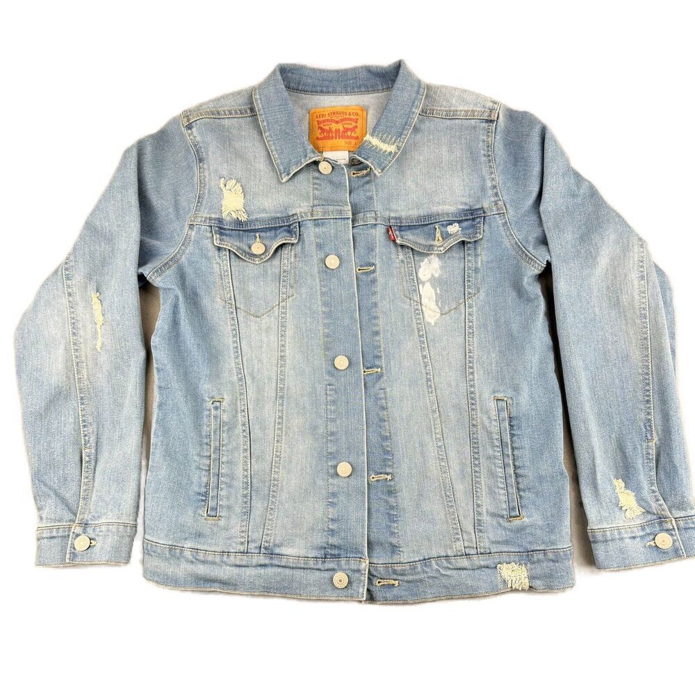 Levi's Jean Jacket Youth Sz L 12-13 Yr Light Blue Trucker Distressed